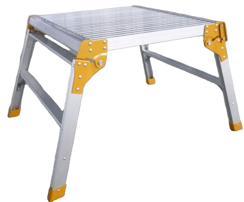Adjustable work platform, rated at 330 lbs, aluminum folding steps, heavy-duty portable bench ladder bench