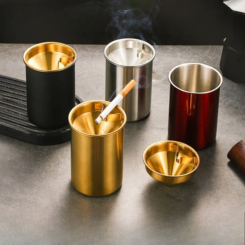 Creative Stainless Steel Ashtray Household and Car Anti-fly Ash and Anti-drop Ashtray Bar Funnel with Lid Ashtray