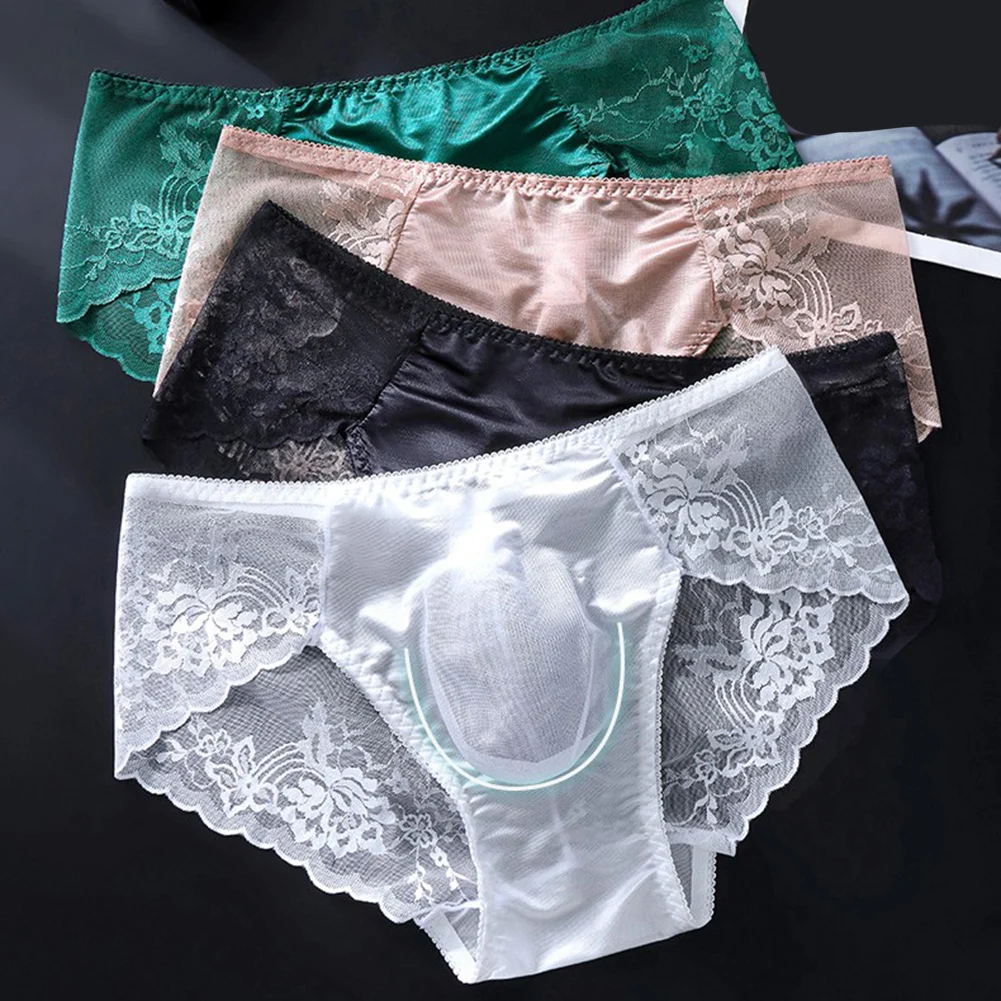 

Мужские сексуальные кружевные трусы-брифы из бесшовного ледяного шелка с 3D-анатомической вставкой, низкой посадкой, гей-трусы-танга