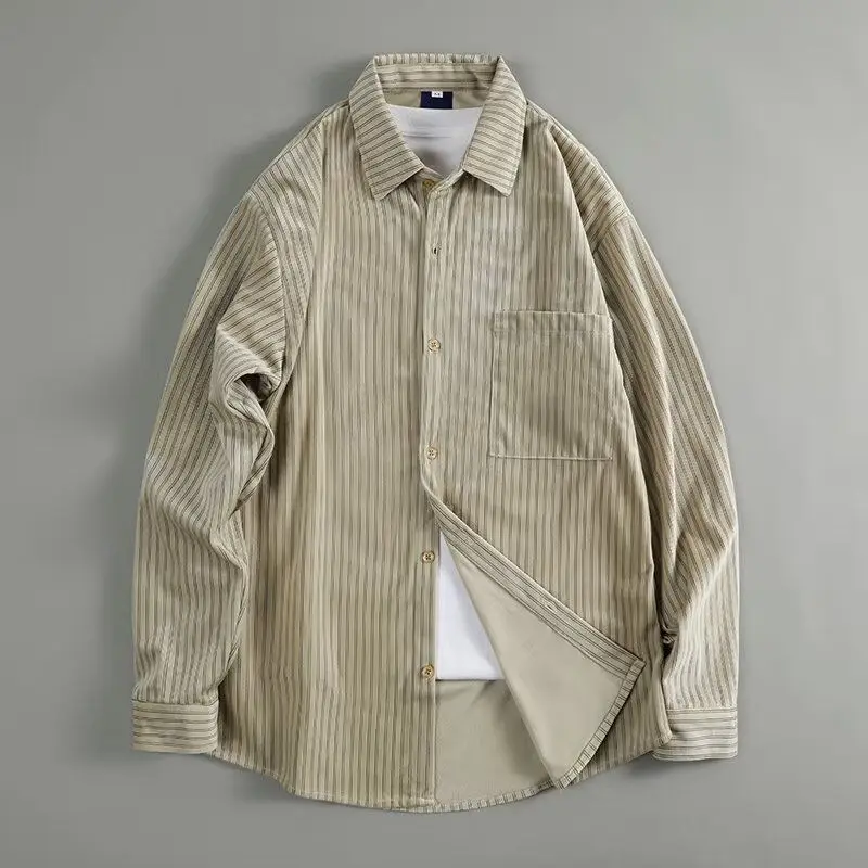 

Retro Japanese Style Casual Loose Fit Corduroy Color Block Striped Long Sleeve Men's Shirt Autumn New Arrival Fashion Top