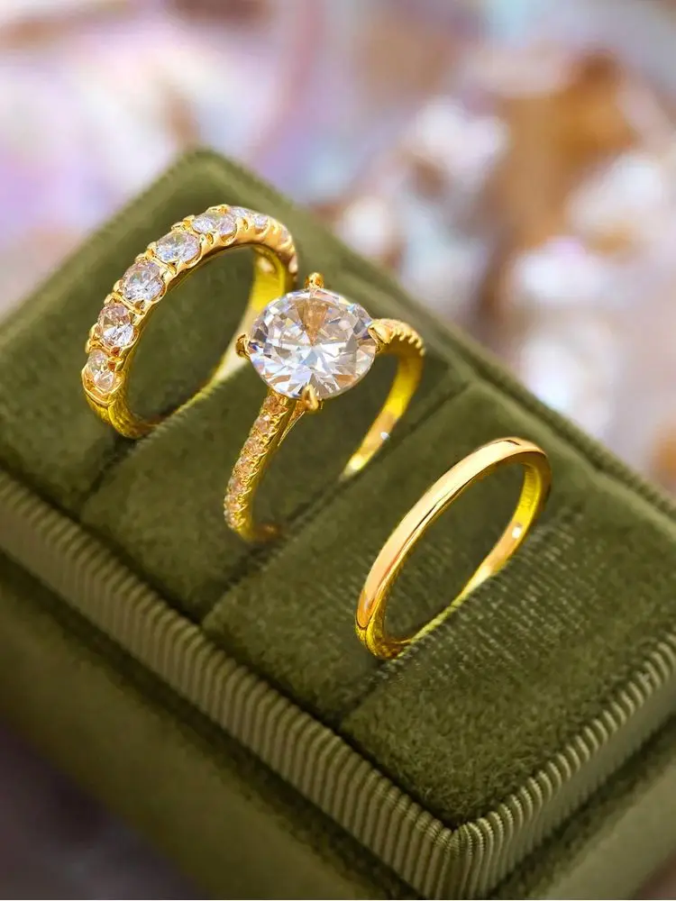 925 فضة أنيقة رائع جولة كامل الزركون خاتم ثلاث قطع مجموعة للنساء المشاركة الزفاف الفاخرة غرامة مجوهرات #4