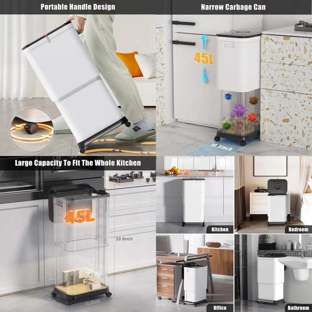 

Rolling Trash Bin 20-45L Adjustable, Plastic, Narrow & Tall, Dog-Proof for Home & Office