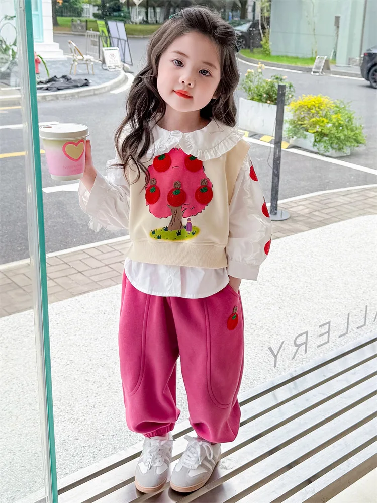 

2025Girls Spring and Autumn New Style Cartoon Sweet Doll Shirt Three-piece Set