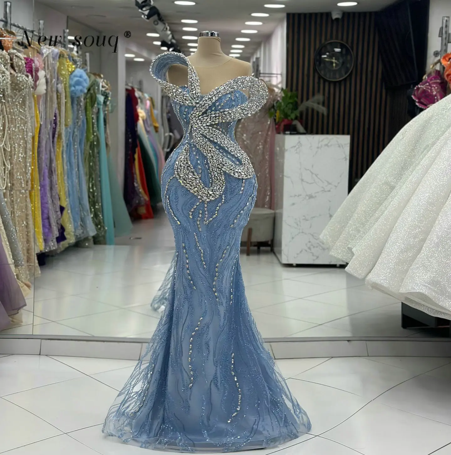 فستان أزرق طويل للحفلات مع كريستالات لامعة مخصص أنيق حورية البحر للفتيات الأفريقيات بدون أكمام فساتين رقص مسائية لحفلات الزفاف