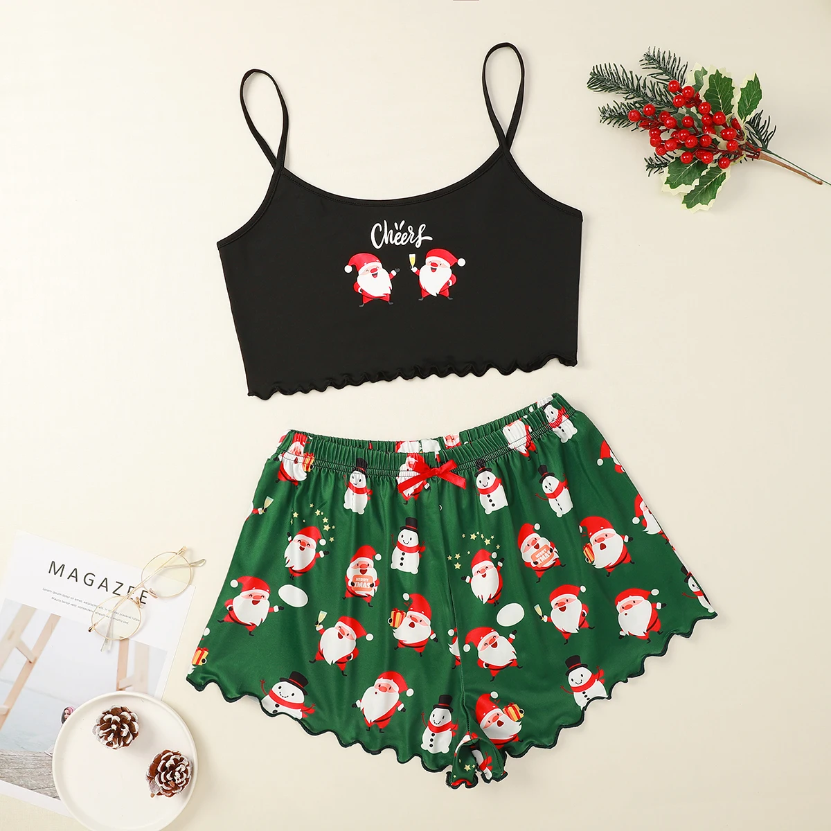 Women\'s Cute Cartoon Christmas Santa & Snowman Print Frill Trim  Sexy Pajama Set Backless Crop Cami Top & Shorts