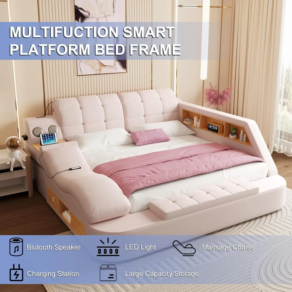 Luxury Smart King Bed Frame, Multifunction Bed Frame with Massage Recliner/Bluetooth Speaker/USB Charging Station/Storage Drawer