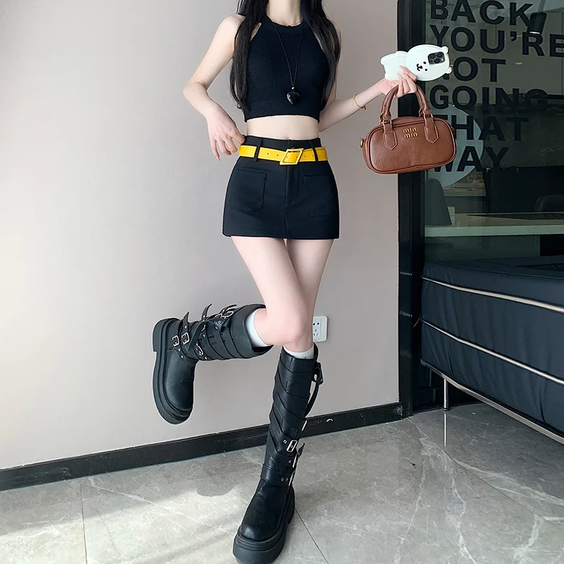 Minifalda Sexy antiexposición 2025, novedad de verano, Faldas negras de cintura alta, moda femenina, ropa de calle ajustada, Faldas para Mujer, ropa