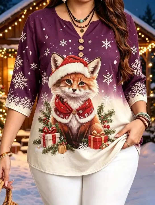 Plus Size Women 3/4 Sleeve V‑Neck Blouse Christmas Cute Animal Husky Fox Kitten Rabbit Santa Hat Snowflake Gift Print Button Top