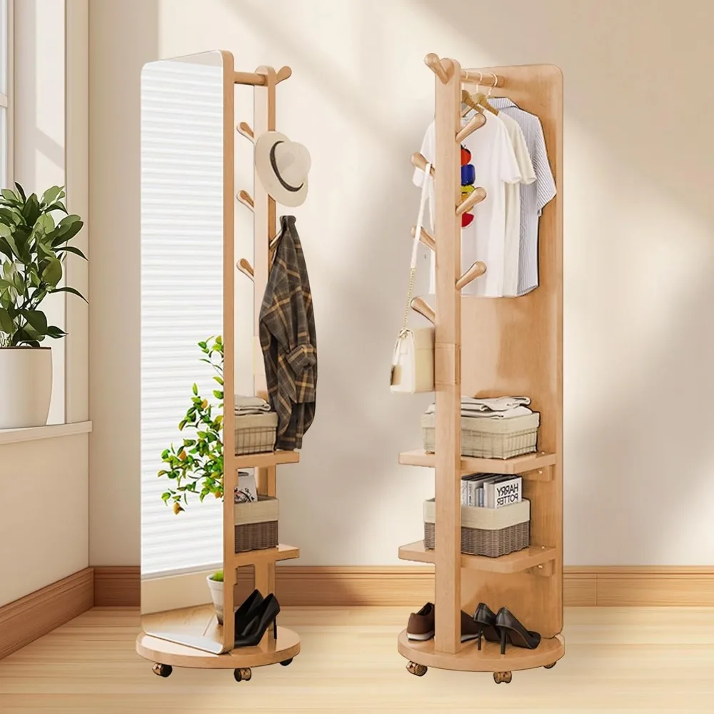 Bodenspiegel aus massivem Holz in voller Länge mit Ablageflächen und Garderobe – übergroßer Körperspiegel für Zuhause