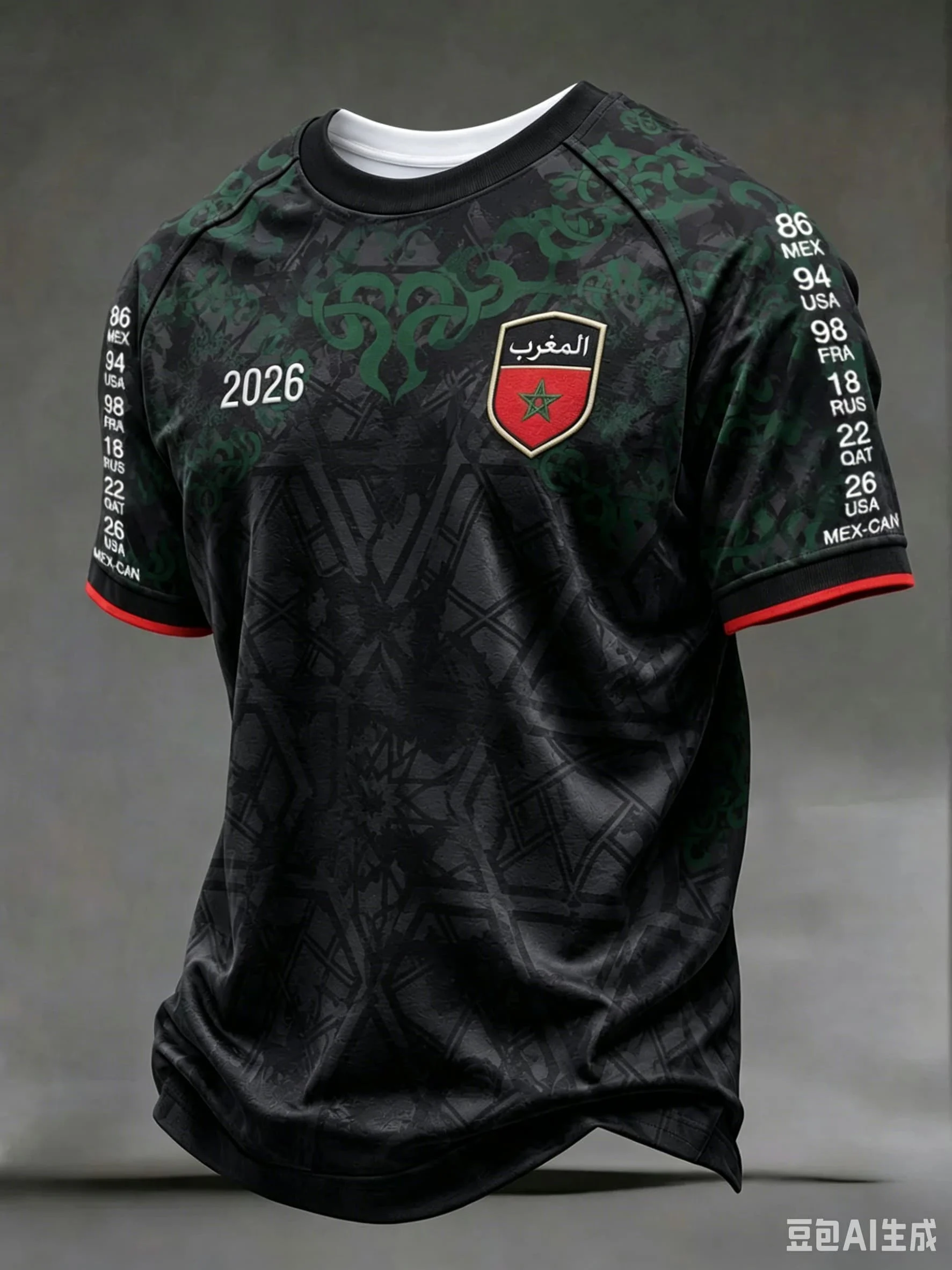 Marokko 2026 Auswärts-Fußballtrikot Schwarz-Grün Kurzarm Fußballshirt Bedruckt Unisex Fan Supporter Sport T-Shirt Top