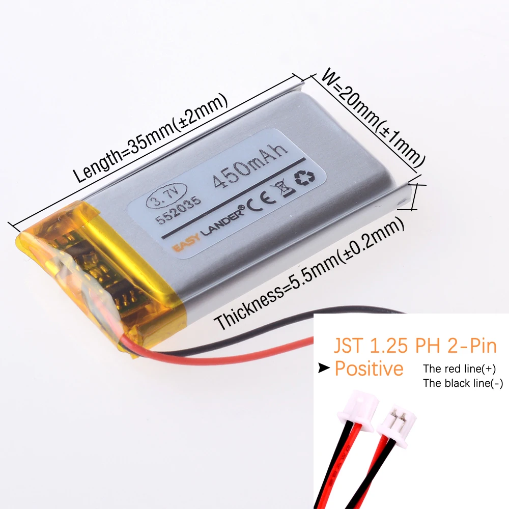 JST1.25 2p/2.0 2P 3.7V 552035 450mAh Rechargeable Li-ion Polymer Lithium Battery Lipo Batteries