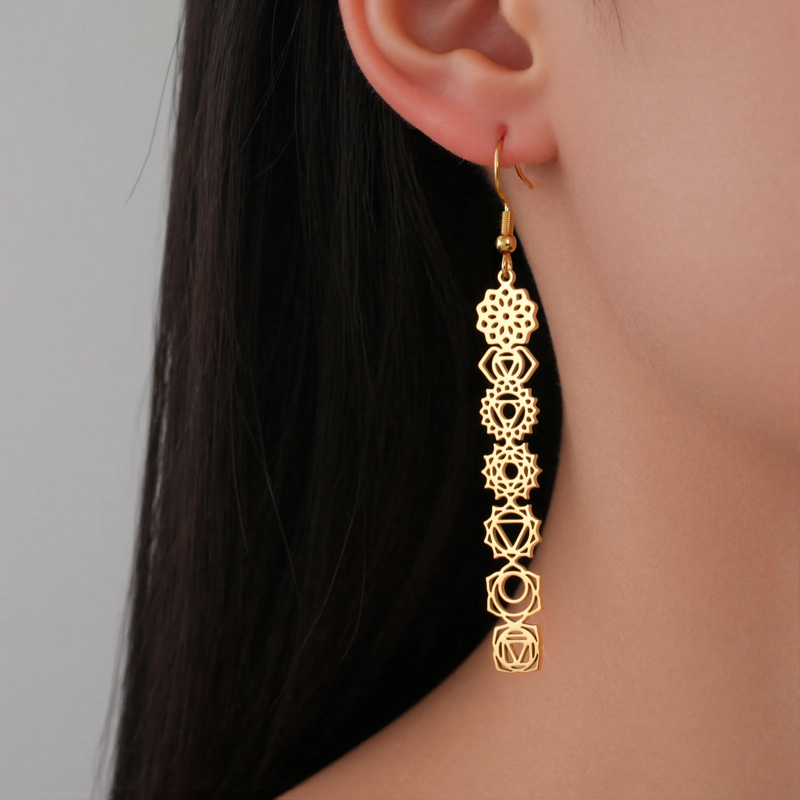 Cazador 7 شقرا زهرة انخفاض الأقراط الطويلة للنساء الفولاذ المقاوم للصدأ اليوغا التأمل مجوهرات أقراط تميمة حماية هدية