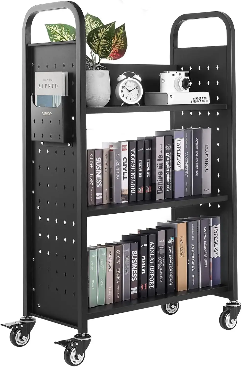Rolling Library Book Cart, 330 lbs Capacity, 30.3 x 15 x 48.0-Inch Library Cart, Single Sided L-Shaped Shelves with 3-Inch Locka