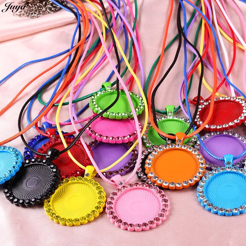 New Colourful Necklace Base 25mm Blank Cabochon Pendant Settings With 50cm Rope Chain For DIY Pop Jewelry Findings Accessories