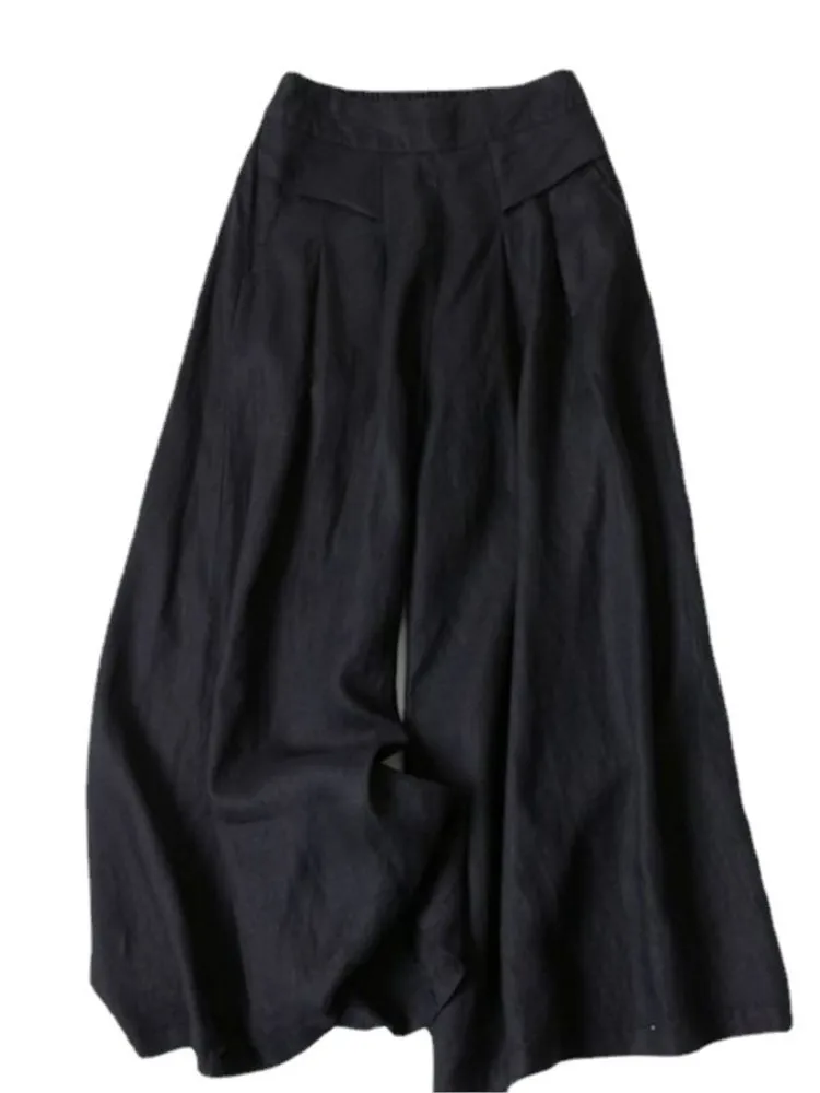 Y2K Lady Nine-point Pants Mid-rise Cotton Linen Wide-leg Large Size Trousers Loose Casual Commuting Daily Wear Tights Sweatpants