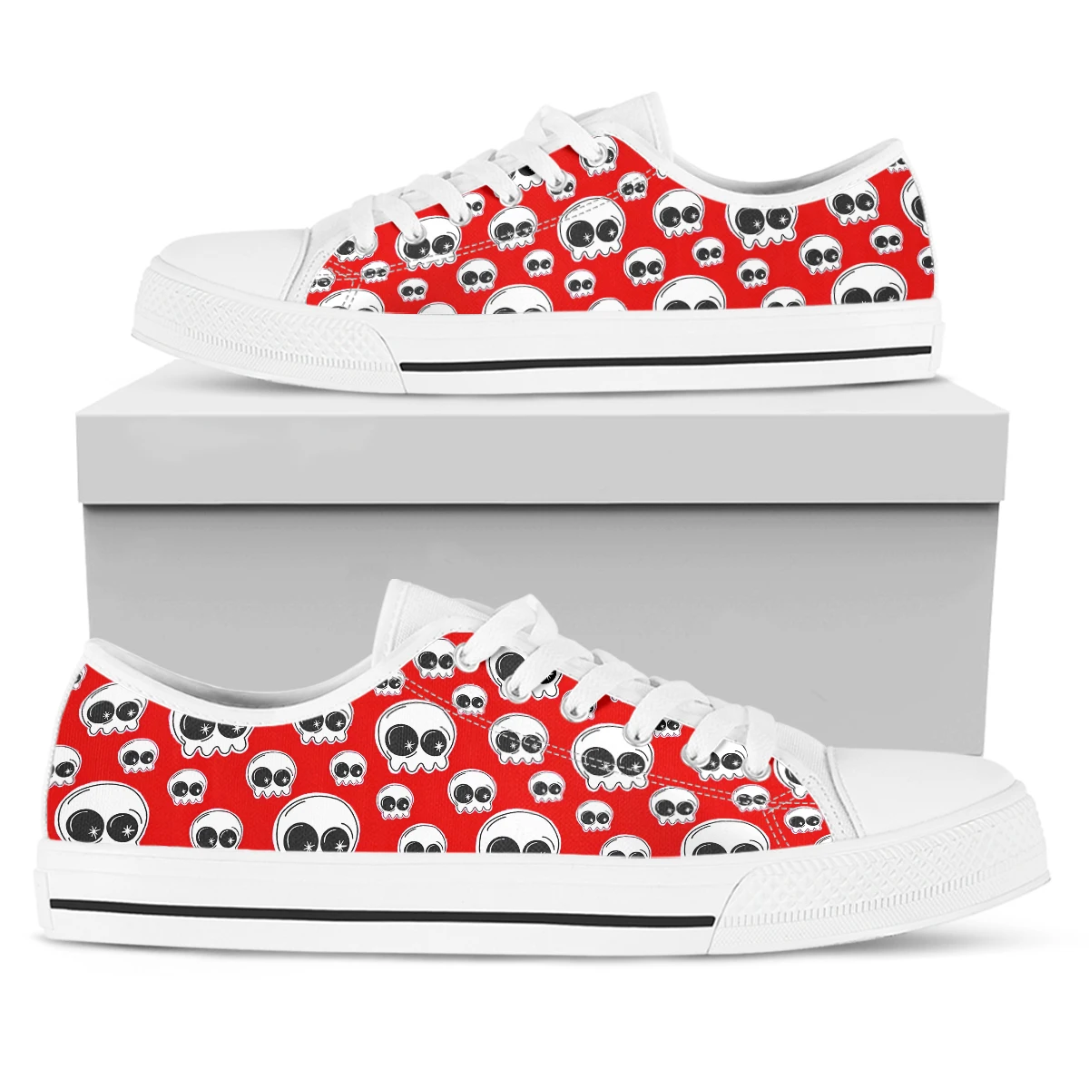 ELVISWORDS White Low Top Women's Shoes Skull Print Canvas Shoes Day Of The Dead Skull Shoes Comfortable Lace Up Women's Shoes