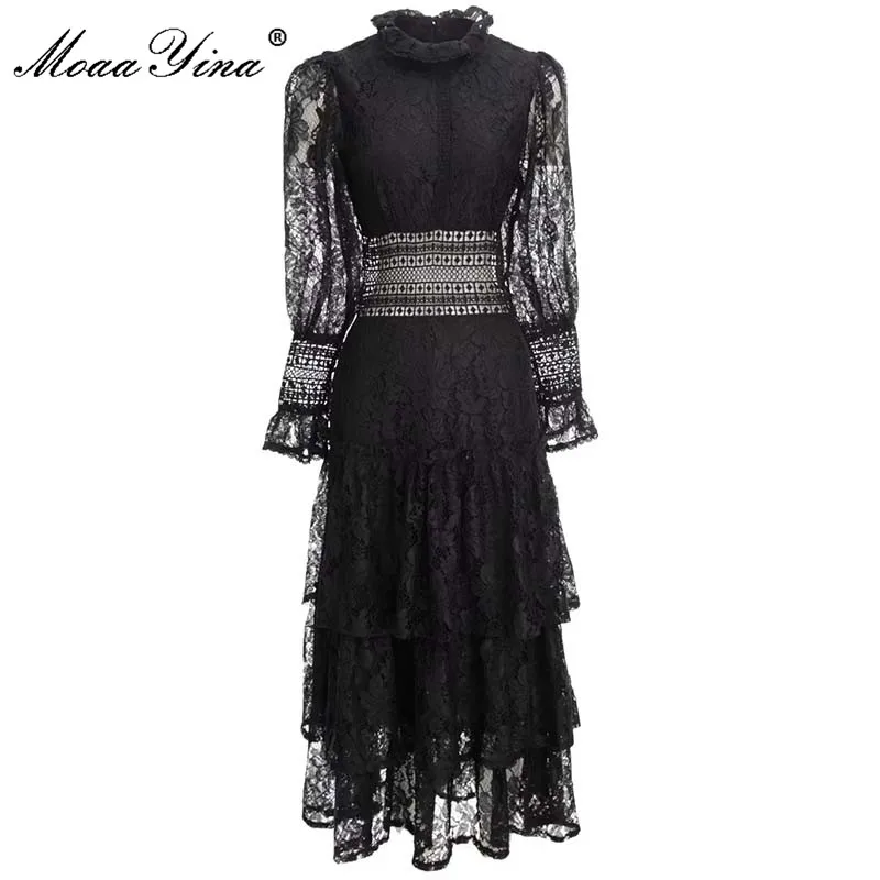 MoaaYina Fashion Designer Dress Autumn Women's Winter Dress Stand collar Lantern sleeve Hollow Balck Party Vintage Dresses