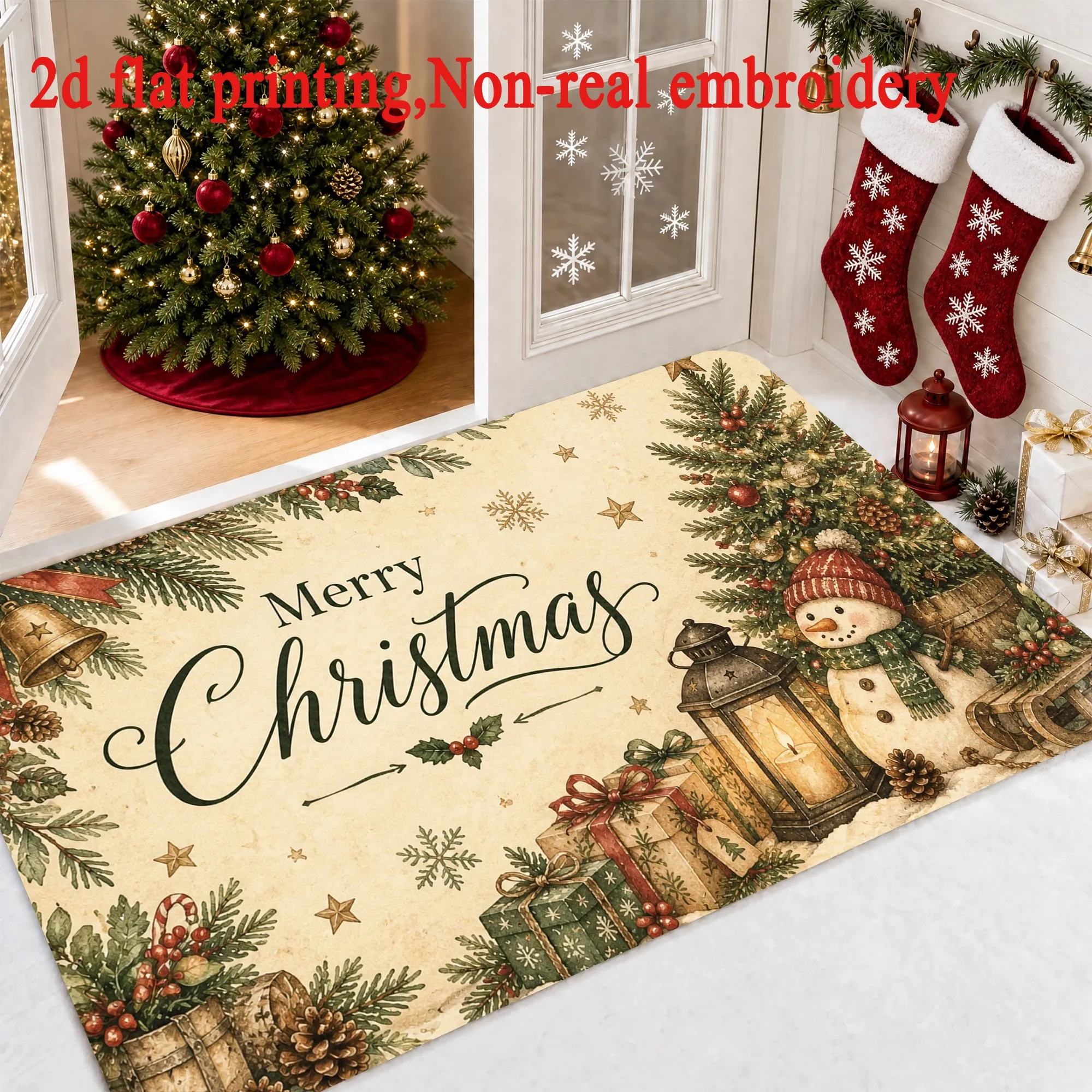 Retro Snowman Holding Lantern Xmas Doormat 2D Printing Floor Rug Snow Scene Design Holiday Indoor Entrance Home Decoration Piece
