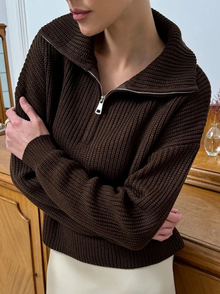 

Half Zip Stand Up Collar Sweater Mujer Leisure Loose Autumn/Winter Sweater Women Fashion Brown Thickening Knitted Pullover