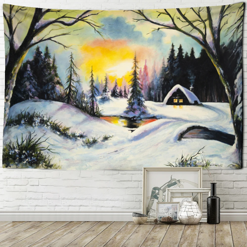 Christmas Forest Tapestry Oil Painting Cedar Illustration Wall Background Hanging Decoration Christmas Wall Night Scene Room Dec