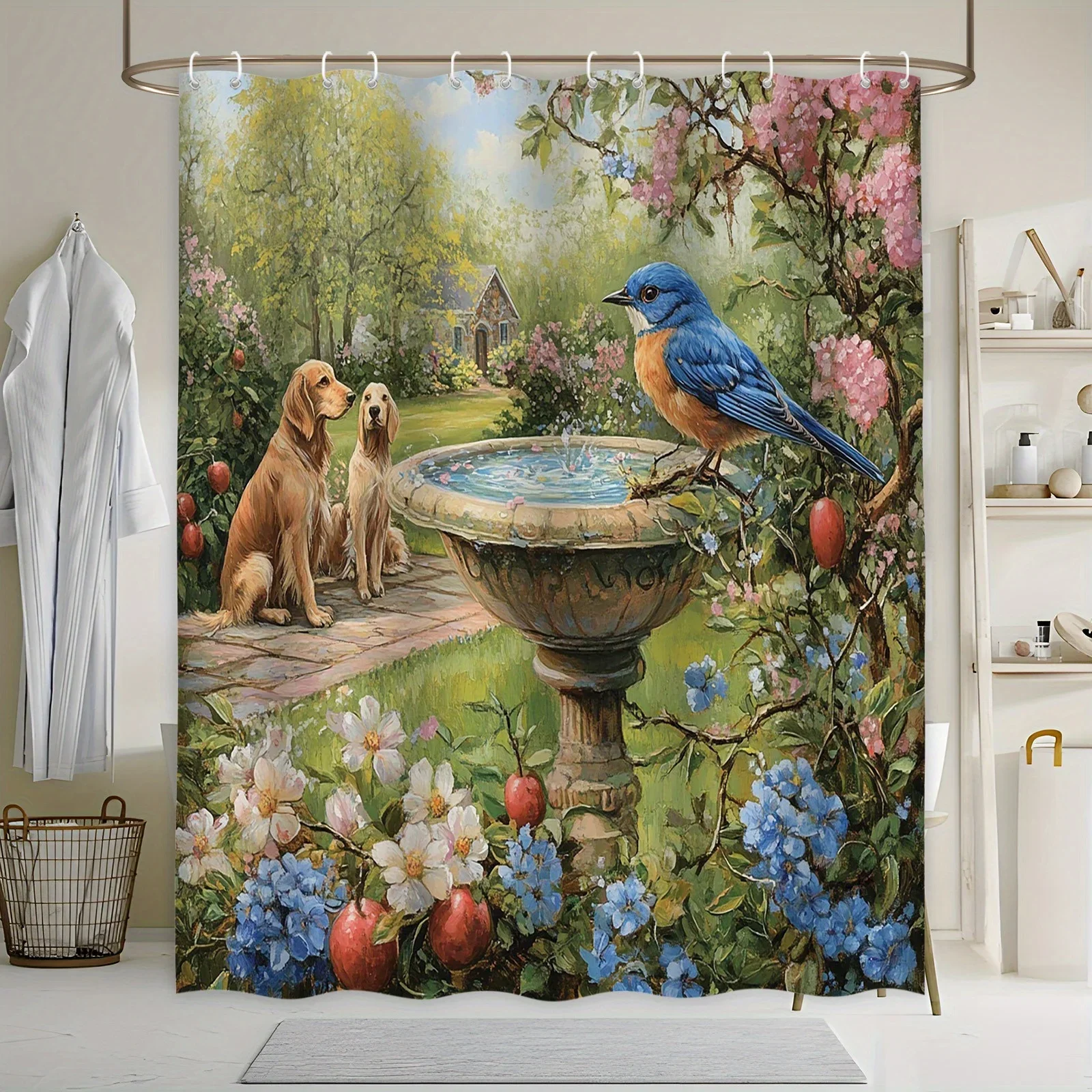 ~O~Serene Garden Bath Curtain - Blue Bird, Golden Retriever, Stone Fountain, Flowers, Machine Washable Polyester, Tranquil Scene