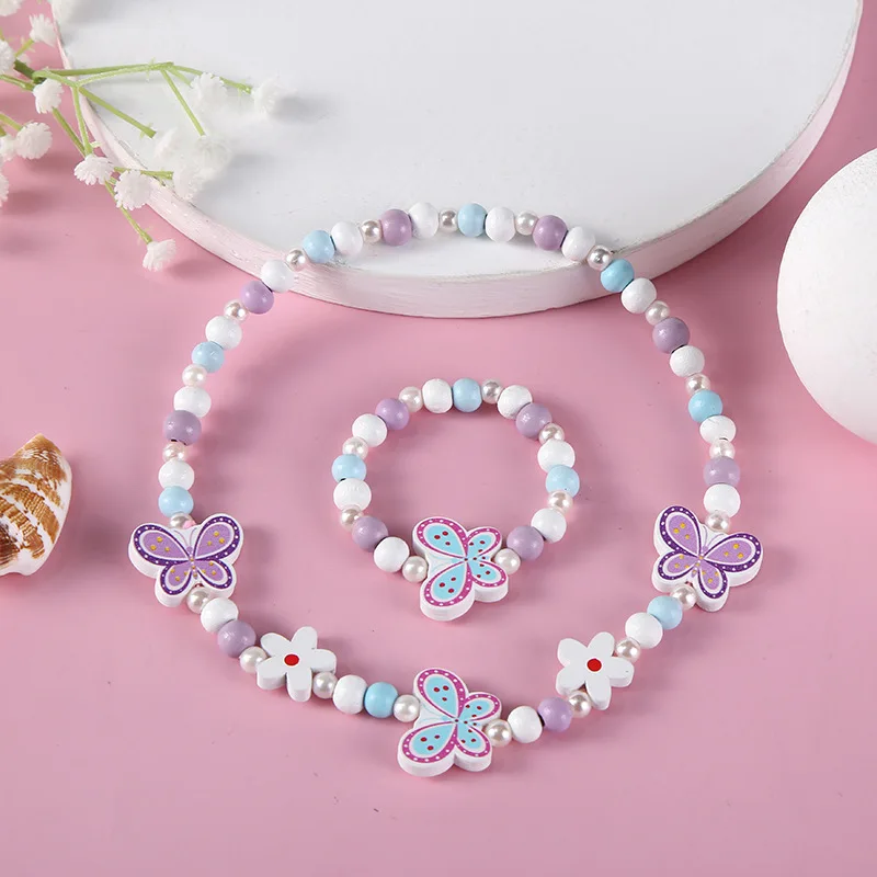 Fashion Necklace Bracelet Sets Natural Wood Beads Cute Cartoon Pattern For Jewelry Girl Birthday Gift Jewelry Sets