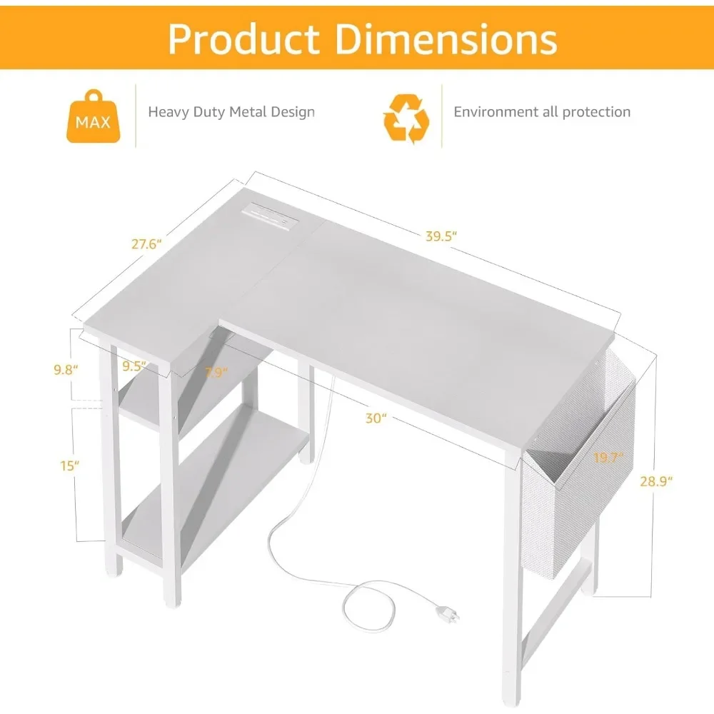 40 in L Shaped Computer Desk with Power Outlet Shelves, Study Work PC Desks for Bedroom, Corner Desk