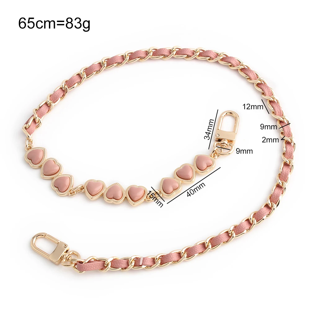 65CM 9mm Aluminium PU Heart Leather Chains For Handbag Bags Purse Shoulder Straps Phone Lanyard Wrist Pendant Chain Accessories