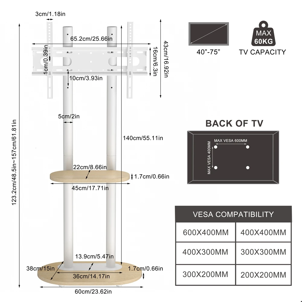 Rolling TV Floor Stand for 40-75 Inches Height Adjustable TV Cart Mount with Shelves and Wheels Max Load of 60KG