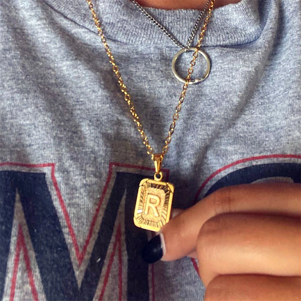 Rectangle Medallion Initial Necklace Gold Color Letter Pendant Necklaces for Women Men Vintage Jewelry Stainless Steel Choker