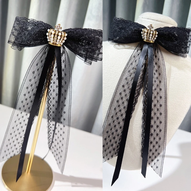 

667E Blouse Collar Pin Women Ribbon Bows Rhinestone Brooch Jk Tie Bows Tie