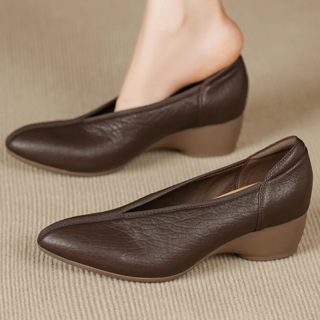 

Женские туфли-лодочки без шнуровки из овчины с острым носком, повседневные женские туфли на танкетке 4,5 см на среднем каблуке, повседневные женские туфли на тонком каблуке, новинка 2023 года