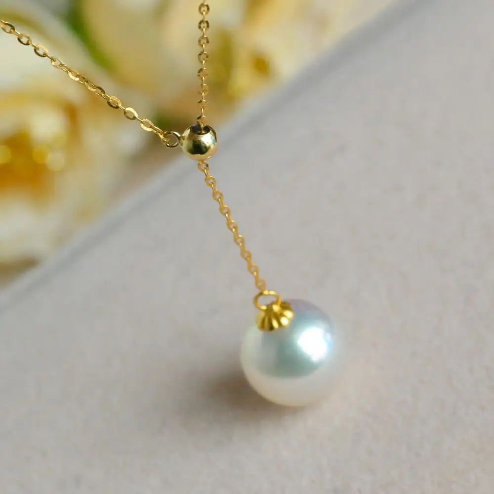 

Fine Jewelry natural 10-11MM Akoya seawater pearl pendant fine round, adjustable 18 K gold clavicle necklace