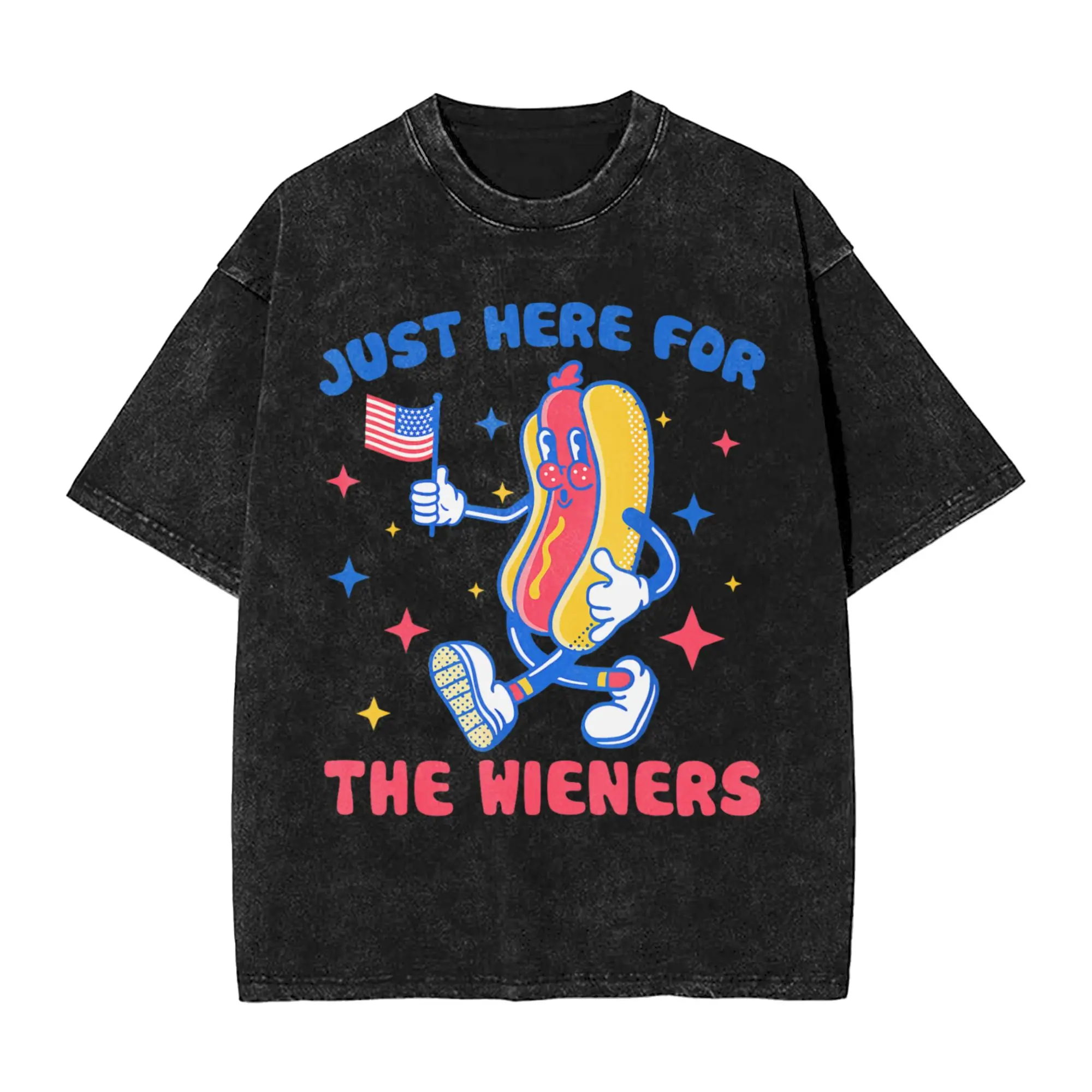 Hot Dog I'm Just Here for The Wieners 4Th of July  T Shirt Hip Hop Washed Cotton Harajuku T-Shirt  Vintage Men Women Streetwear