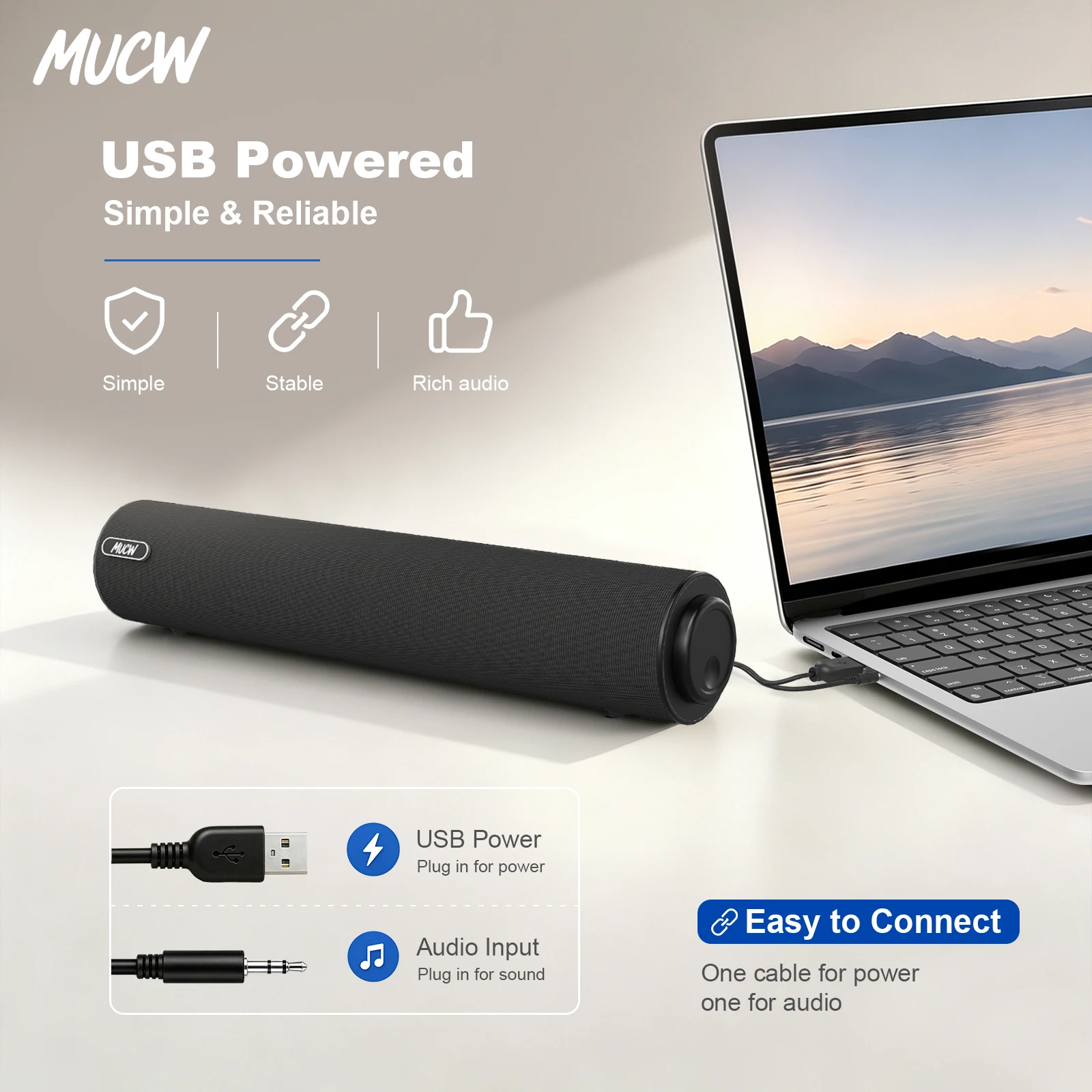 MUCW MU‑C05 Desktop Wired Soundbar Speaker 6W Stereo Audio USB Power 3.5mm AUX Input For PC Laptop Notebook Monitor Home Office Use