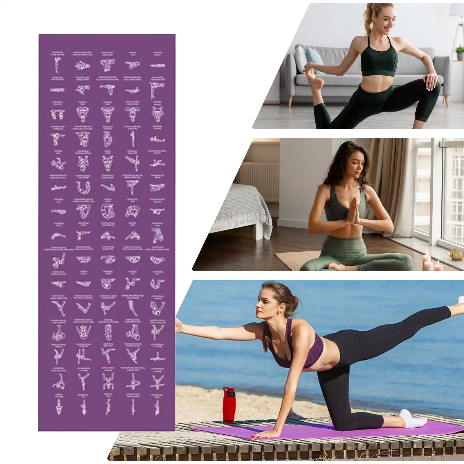 Yoga Mat with Poses Stretches Double-Sided Fitness Mat Workout Equipment for Indoor Floor Home Travel Gym Studio Pilates Outdoor