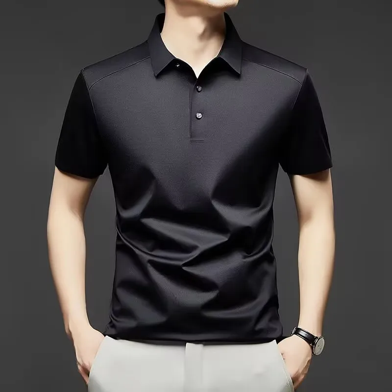 Short Sleeved T-Shirt Men's Solid Color Casual Mulberry Silk High-End Lapel Polo Half Sleeved Business Pullover Tops 2025 Summer