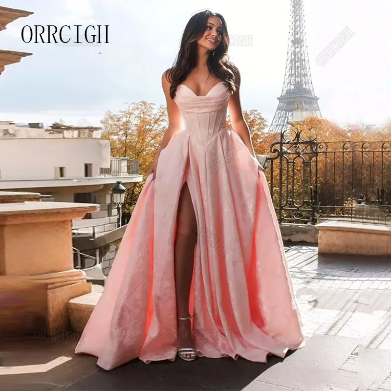 Chic Jacquard Satin Prom Dresses for Women with Slit Pleated Spaghetti Strap A Line Ball Gown Corset Formal Evening Dress