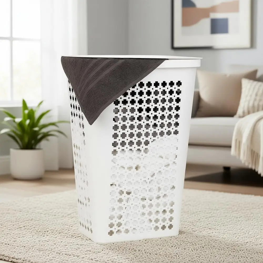 

White Slim Tapered Laundry Hamper with Swiss Cut-Outs, Ventilated Plastic Clothes Basket, 16.75L x 12.75W x 23H