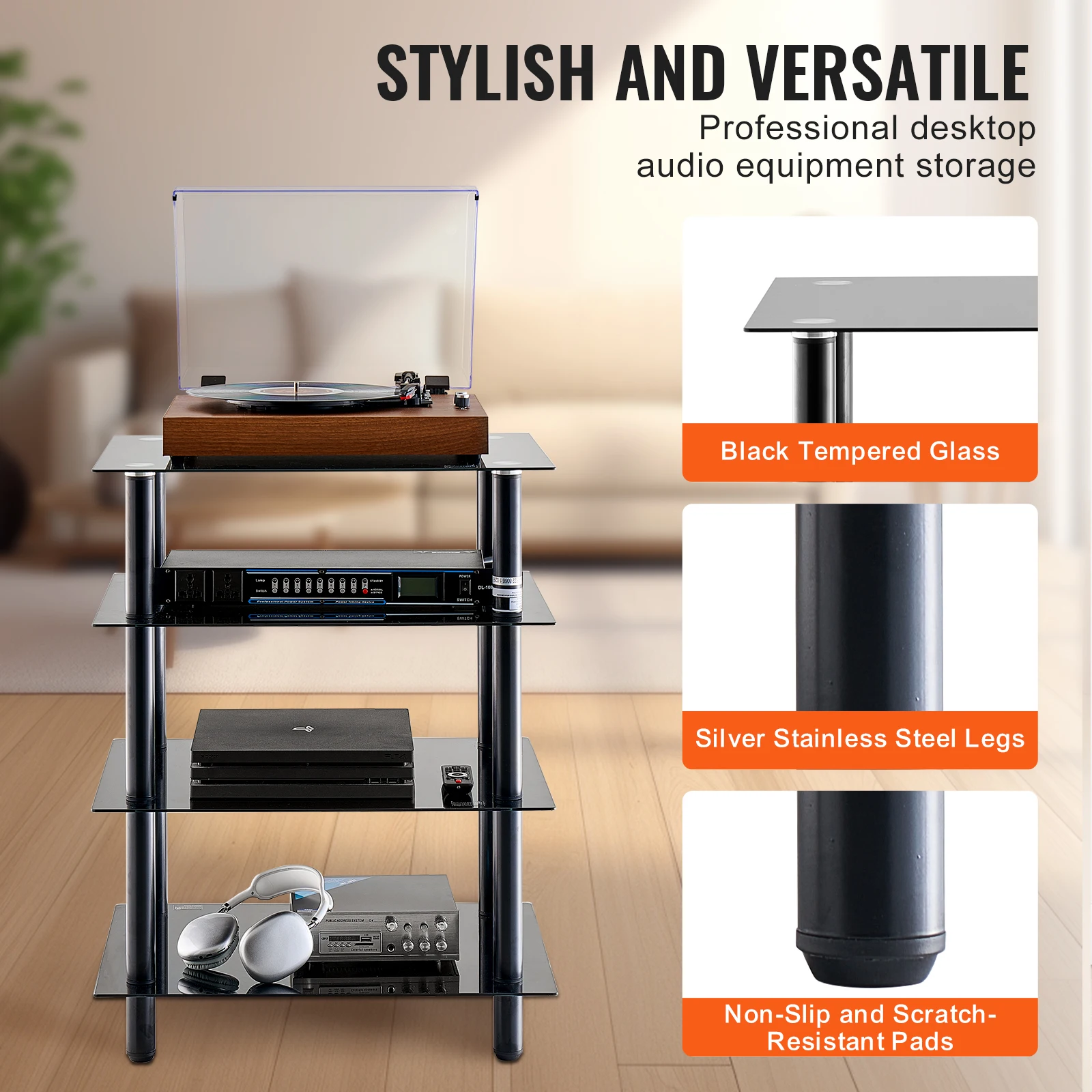 VEVOR Scaffale Portaoggetti Multimediale per Dischi Vinile Giradischi Vinile, Supporto Multimediale Audio-video 4 Ripiani in Vetro Temperato per Attrezzatura di Videogiochi, Mobiletto Portaoggetti