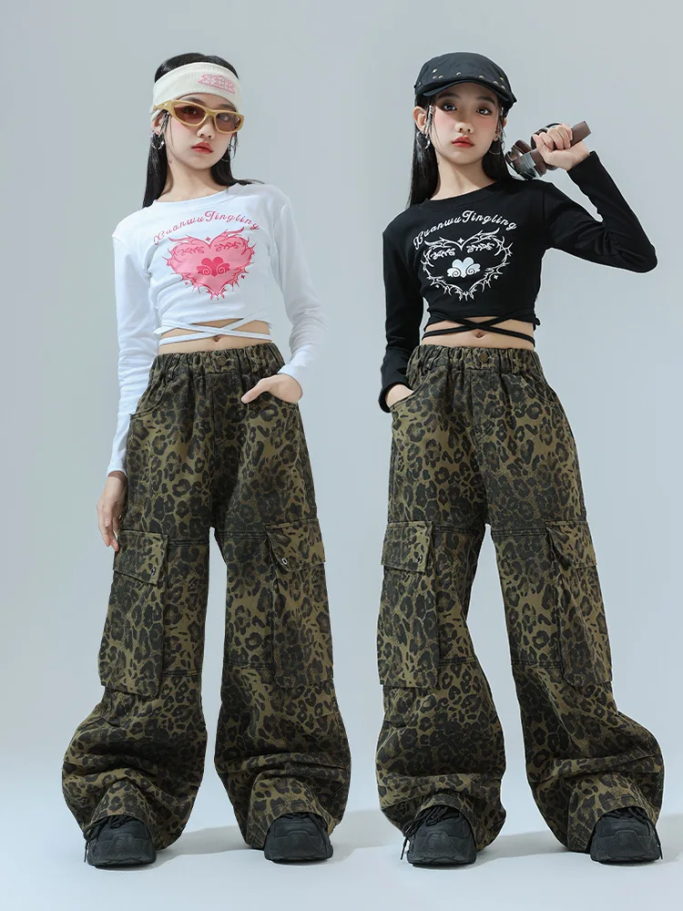 Kid Hip Hop Clothing Heart Lace up Crop Top Long Sleeve T Shirt Leopard Casual Wide Cargo Pants for Girl Dance Costume Clothes