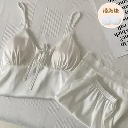 Sexy Lace Trim Pajamas Suit 2Pcs Loungewear white Strappy&shorts 2Pcs Summer Ice Silk Home Clothing Lingerie Nightwear for Lady