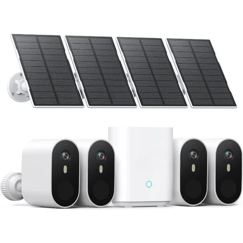 Solar Security Cameras Wireless Outdoor, 2K QHD Home Security System, 4 Cameras with 166° Ultra-Wide View,  32G Local Storage