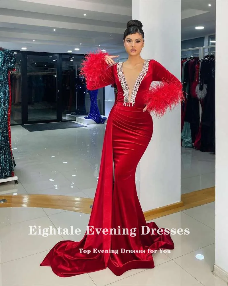 Eightale Caftan Vevet Evening Dresses Feather V Neck Mermaid Prom Gown Long Sleeves Burgundy Side Split Arabic Dubai Party Dress