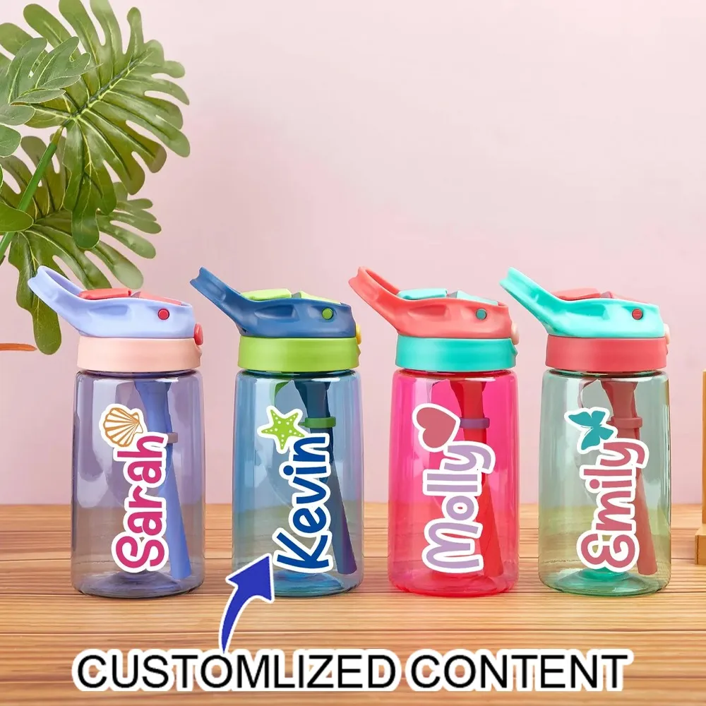 Personalized Customized Name Children's Straw Water Cup, Cute Heart-shaped Letter Portable Plastic Water Bottle,