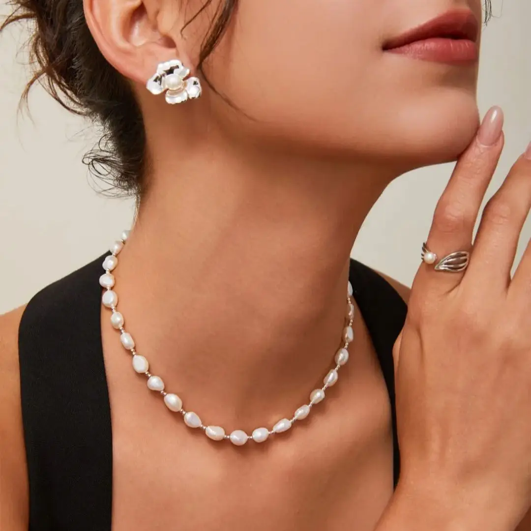 

Unique Baroque Pearl Choker Natural Irregular Freshwater Pearl Necklace With 925 Silver Beads Pearl Jewelry Gifts For Women