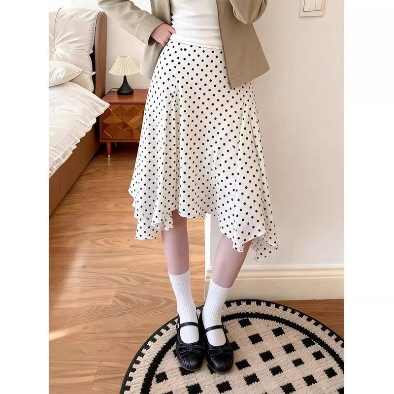 

Deeptown Korean Style Polka Dot Skirts Women Elegant Asymmetrical Ruffle Skirts Sweet Vintage Fashion A-line Skirts Aesthetics