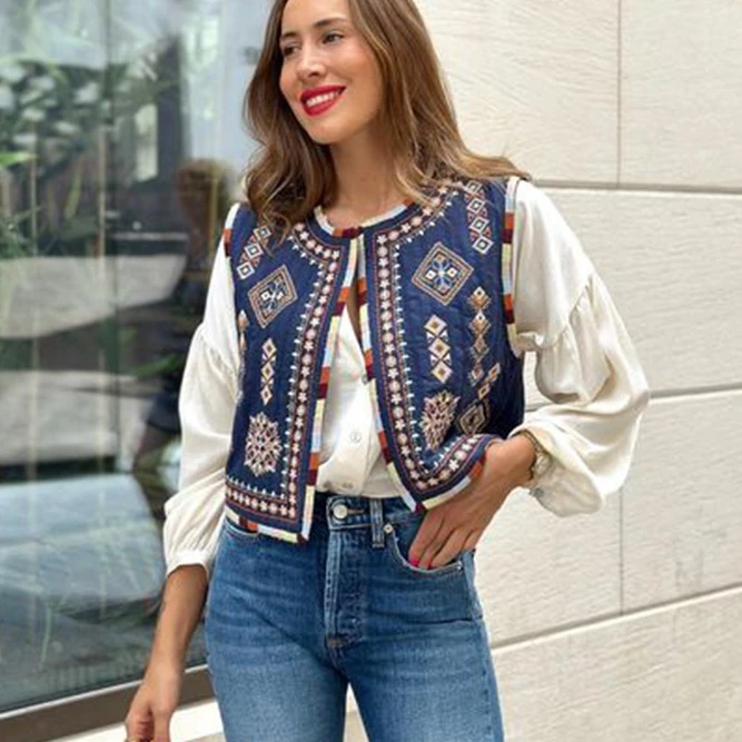 TEELYNN Ethnic Floral Embroidery Boho Vest for Women Coats Casual O-neck Loose WaistCoat Tops Summer Vintage Lady Vest Jackets