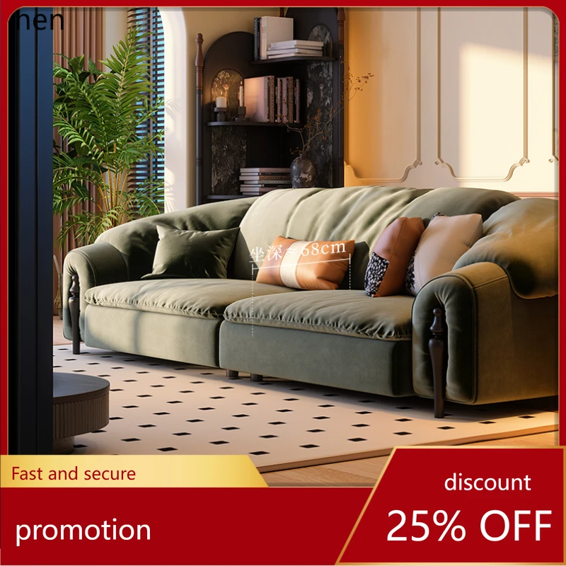 

HXL retro sofa straight row small apartment living room arc green flannel sofa
