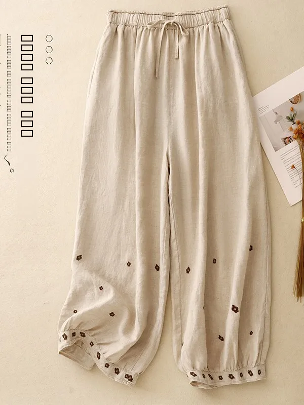 

Retro Embroidered Loose Lantern Pants Women's Casual Summer Sle High Waist Long Trousers Comfortable Fit Floral Print